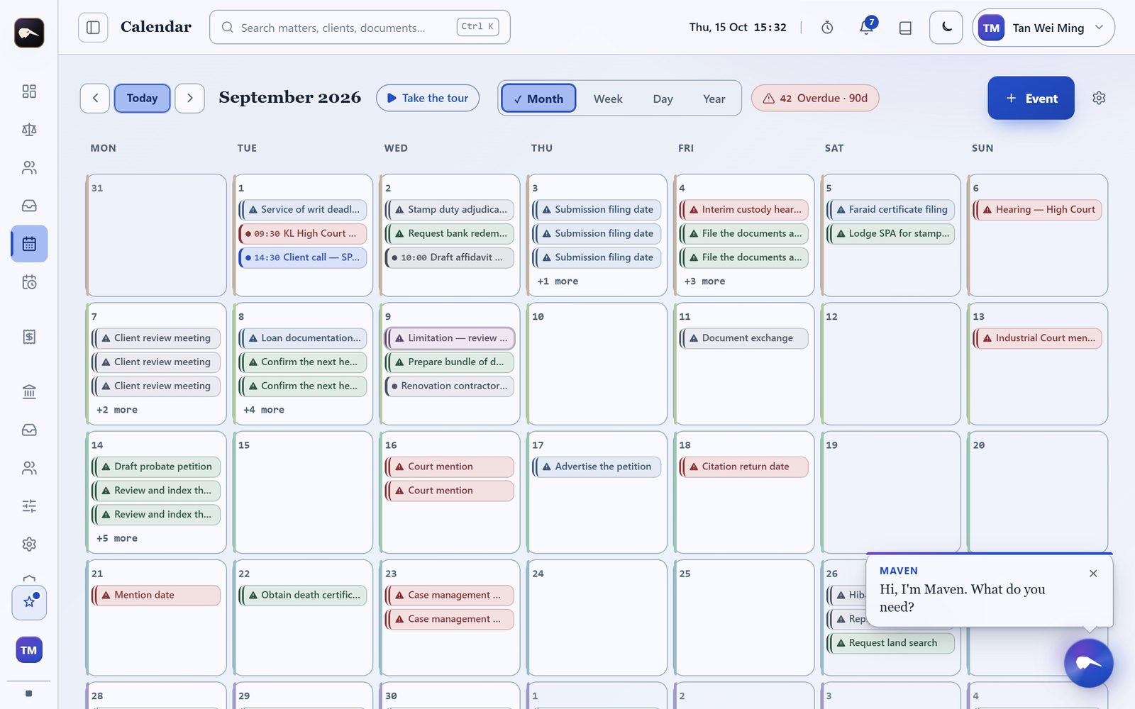 The calendar with the Maven helper open in a corner, asking what you need.