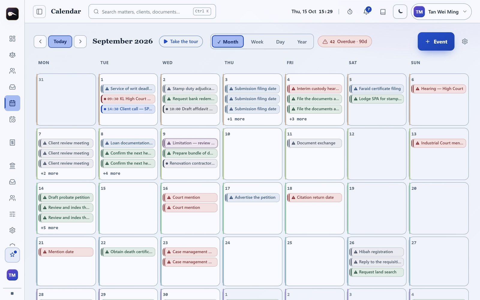 The firm calendar in month view, then week view, with one key date opened in a preview.