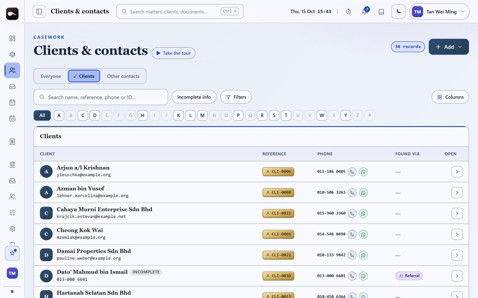 The clients and contacts directory, narrowed by a search to one person, whose record opens.