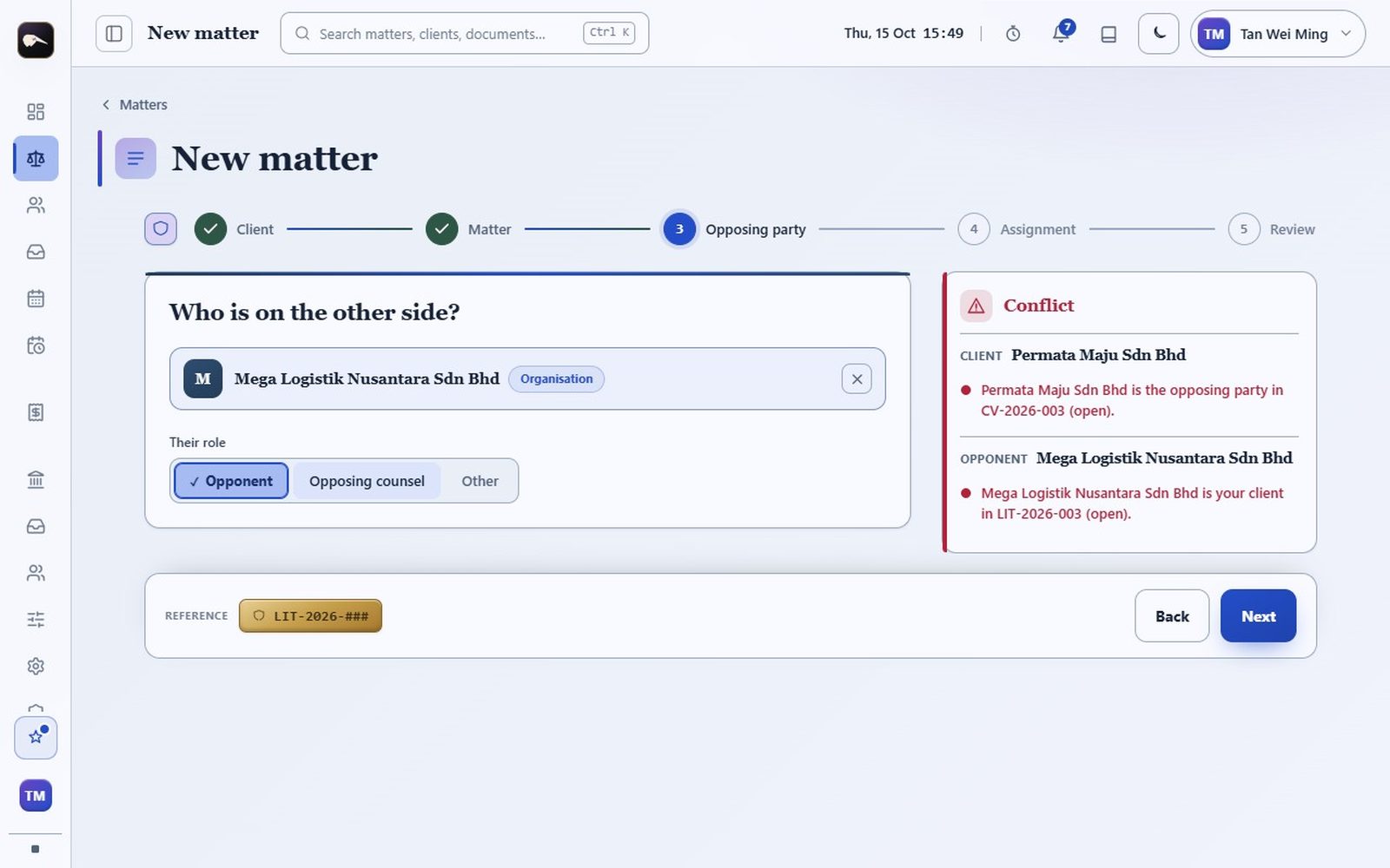 The new matter wizard checking the chosen client and opposing party against the firm's own records.